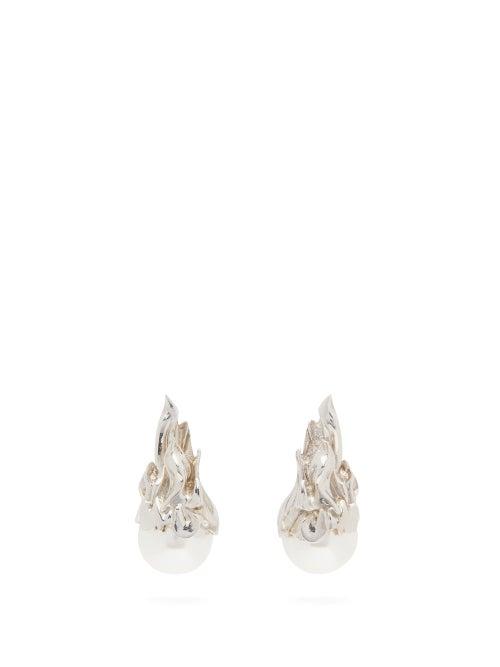Matchesfashion.com Alan Crocetti - Pearl Drop Flame Sterling Silver Earrings - Mens - Silver