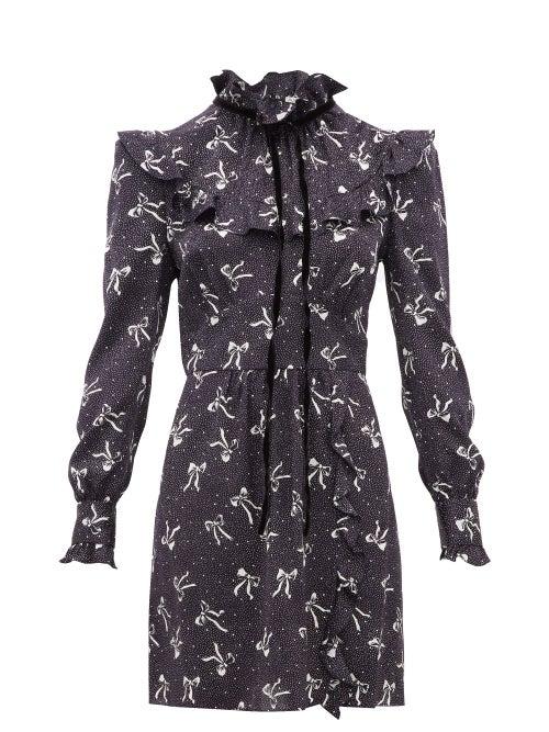 Matchesfashion.com Alessandra Rich - Ruffled Bow Print Silk Satin Mini Dress - Womens - Navy White