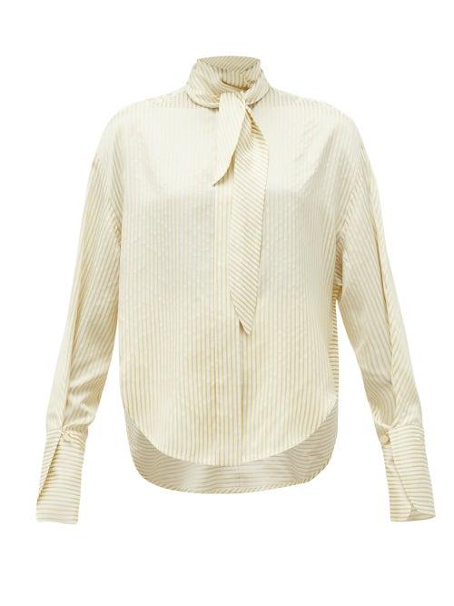 Matchesfashion.com Petar Petrov - Cruz Tie-neck Satin-striped Silk Blouse - Womens - Ivory Multi