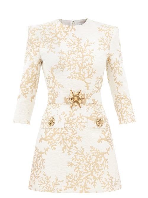 Andrew Gn - Embellished Coral-jacquard Dress - Womens - White Gold