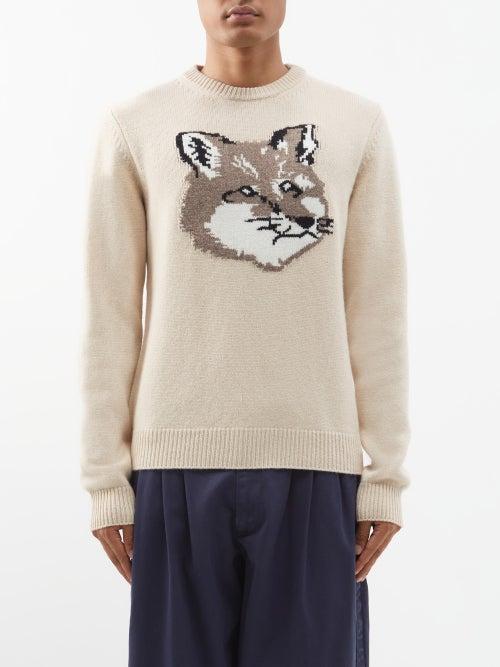 Maison Kitsun - Big Fox Head-intarsia Wool Sweater - Mens - Cream