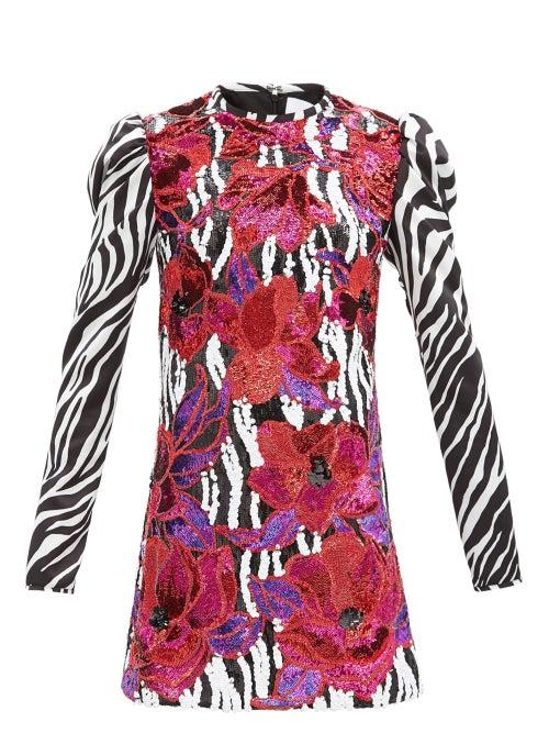 Matchesfashion.com Halpern - Floral-sequinned Zebra-print Satin Mini Dress - Womens - Black White Multi