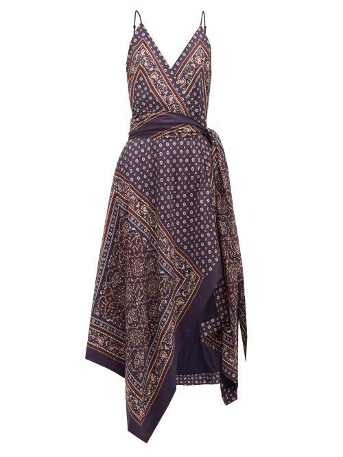 Matchesfashion.com Jonathan Simkhai - Geometric Print Satin Twill Wrap Dress - Womens - Navy Multi