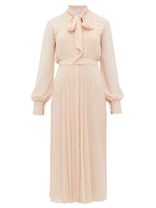 Matchesfashion.com Luisa Beccaria - Pussybow Pleated Chiffon Dress - Womens - Light Pink