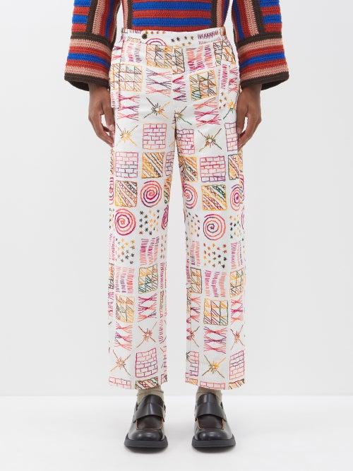 Bode - Doodle Stitch Embroidered Cotton Trousers - Mens - Multi