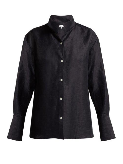 Matchesfashion.com Frame - Stand Collar Linen Blend Shirt - Womens - Navy