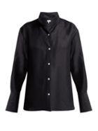 Matchesfashion.com Frame - Stand Collar Linen Blend Shirt - Womens - Navy