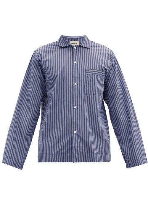 Matchesfashion.com Tekla - Striped Organic Cotton-poplin Pyjama Top - Mens - Navy