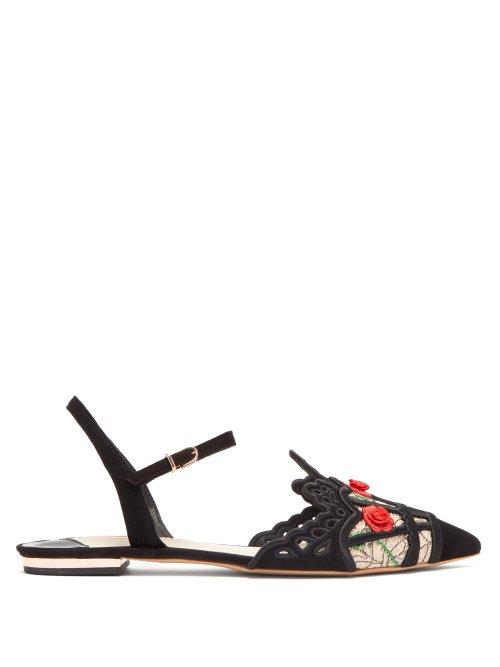 Matchesfashion.com Sophia Webster - Carmen Rose Appliqud Suede Flats - Womens - Black