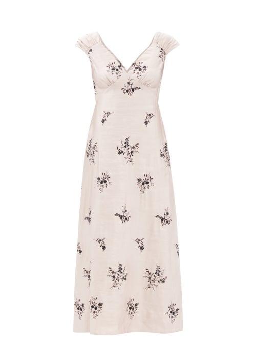 Erdem - Garnet Floral-embroidered Linen-blend Twill Dress - Womens - Light Pink