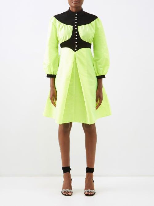 Batsheva - Ashlyn Taffeta And Velvet Midi Dress - Womens - Green Multi