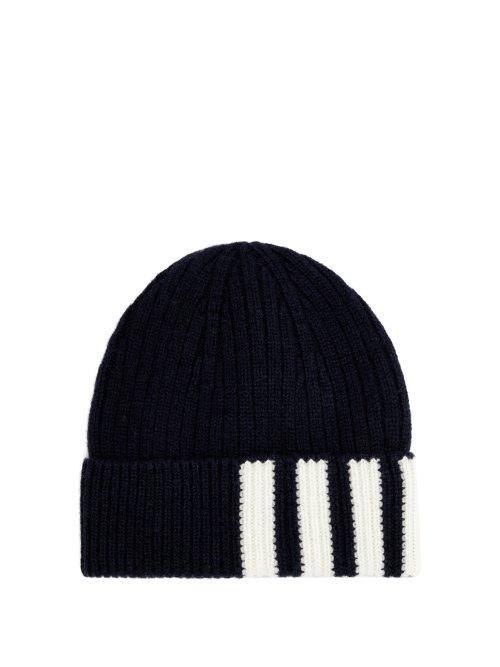Matchesfashion.com Thom Browne - Striped Ribbed Knit Cashmere Beanie - Mens - Navy