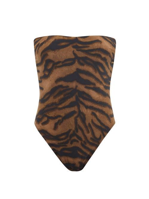 Norma Kamali - Bishop Strapless Tiger-print Swimsuit - Womens - Brown Print