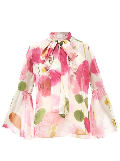 Matchesfashion.com La Doublej - Carmen Floral Print Silk Chiffon Blouse - Womens - White Print