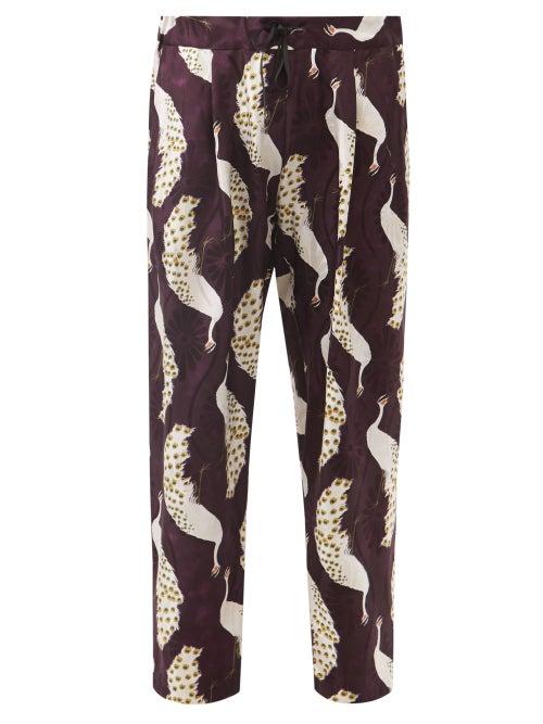 Nipoaloha - Peacock-print Silk-twill Trousers - Mens - Purple Multi
