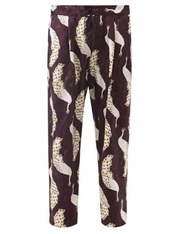 Nipoaloha - Peacock-print Silk-twill Trousers - Mens - Purple Multi