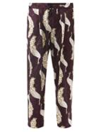 Nipoaloha - Peacock-print Silk-twill Trousers - Mens - Purple Multi