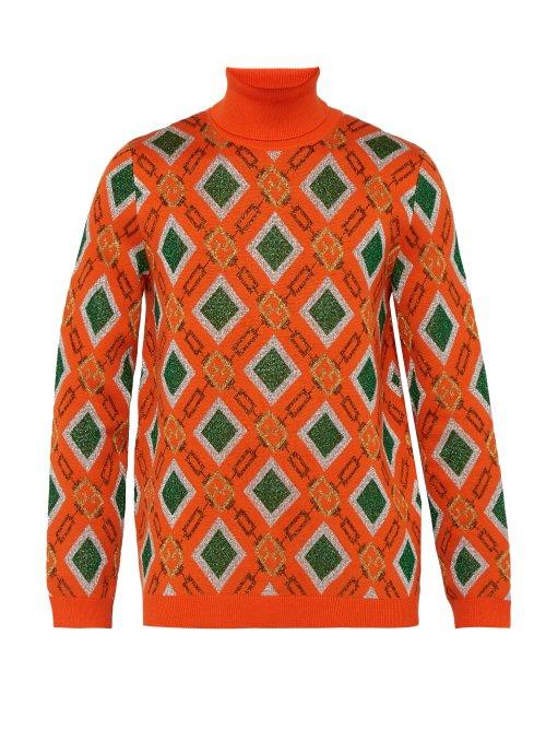 Matchesfashion.com Gucci - Metallic Logo Jacquard Wool Blend Sweater - Mens - Orange
