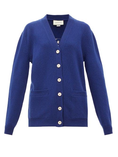 Matchesfashion.com Gucci - Slogan Wool Cardigan - Womens - Blue