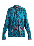 Matchesfashion.com Msgm - Leopard Print Satin Blouse - Womens - Blue