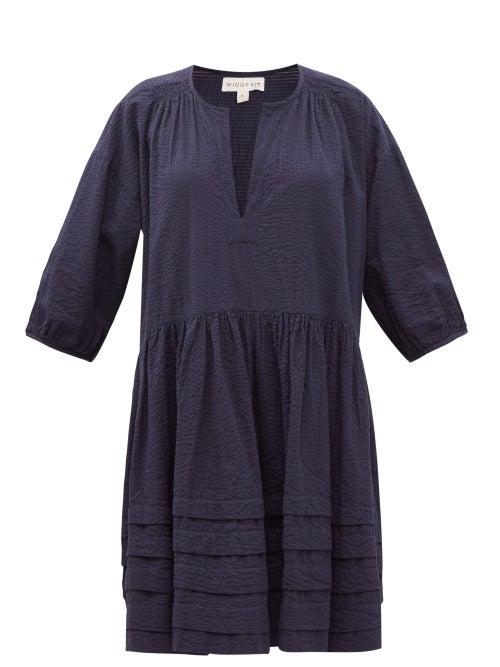 Matchesfashion.com Wiggy Kit - Painters Dropped-waist Cotton-seersucker Dress - Womens - Navy