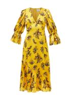 Erdem - Eva V-neck Floral-print Satin Midi Dress - Womens - Yellow Multi