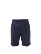 Ralph Lauren Purple Label - Byron Herringbone Linen-blend Pleated Shorts - Mens - Navy