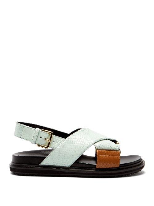 Matchesfashion.com Marni - Fussbett Python Effect Leather Sandals - Womens - Light Green