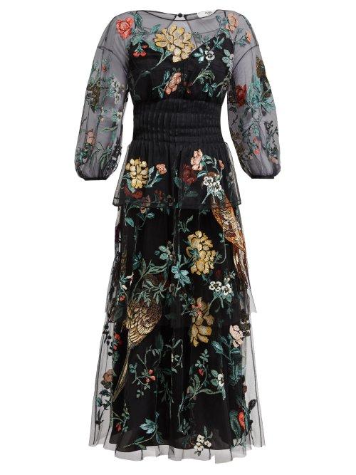 Matchesfashion.com Fendi - Floral Embroidered Tulle Overlay Silk Gown - Womens - Black Multi
