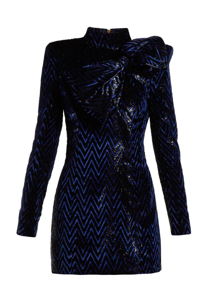 Balmain Chevron-striped Bow-embellished Mini Dress
