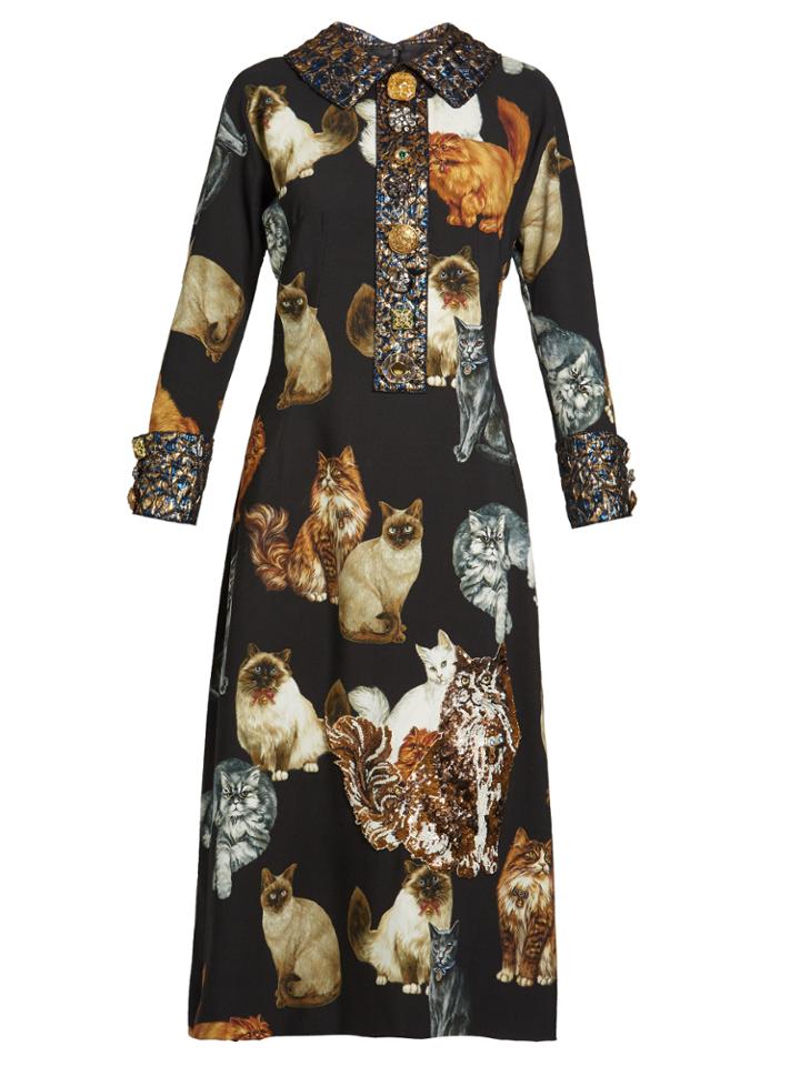 Dolce & Gabbana Brocade-trimmed Cat-print Midi Dress