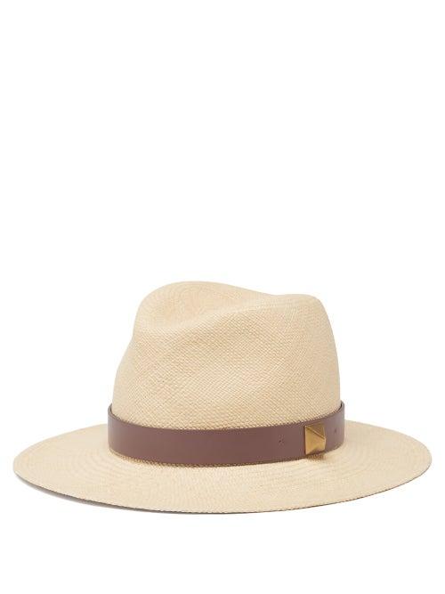 Matchesfashion.com Valentino Garavani - Roman Stud Leather-trimmed Straw Hat - Womens - Brown