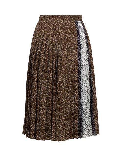 Matchesfashion.com Burberry - Marine Tb-print Pleated Crepe Midi Skirt - Womens - Brown Print