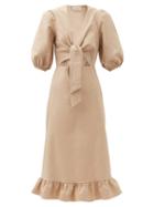 Matchesfashion.com Adriana Degreas - Tie-front Cutout Cotton-blend Midi Dress - Womens - Beige