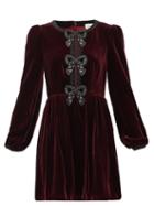 Matchesfashion.com Saloni - Camille Crystal-bow Velvet Mini Dress - Womens - Burgundy