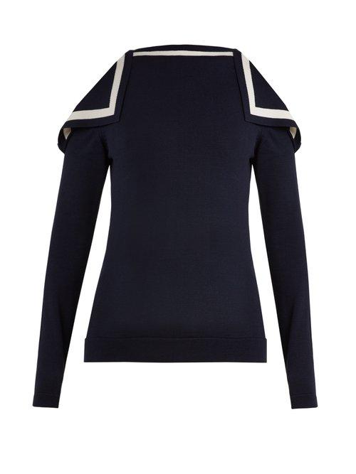 Matchesfashion.com Oscar De La Renta - Cut Out Shoulder Silk Blend Knit Sweater - Womens - Navy White