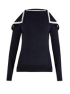 Matchesfashion.com Oscar De La Renta - Cut Out Shoulder Silk Blend Knit Sweater - Womens - Navy White