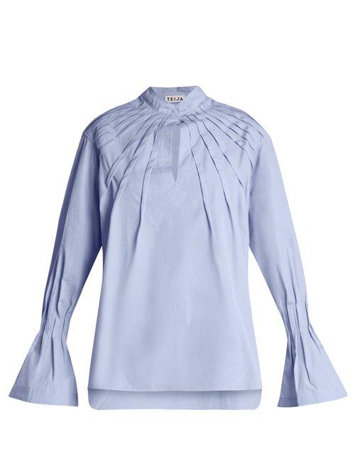 Matchesfashion.com Teija - Pintucked Bell Cuff Cotton Blouse - Womens - Light Blue