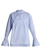 Matchesfashion.com Teija - Pintucked Bell Cuff Cotton Blouse - Womens - Light Blue