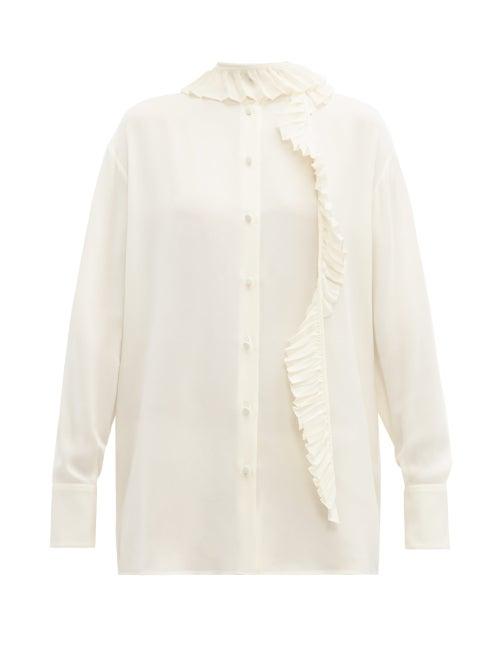 Matchesfashion.com Valentino - Pleated Ruffle Trim Silk Crepe Blouse - Womens - Ivory