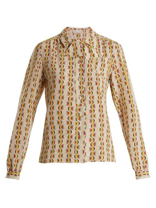 Matchesfashion.com Etro - Tie Neck Crescent Print Silk Shirt - Womens - Yellow Print
