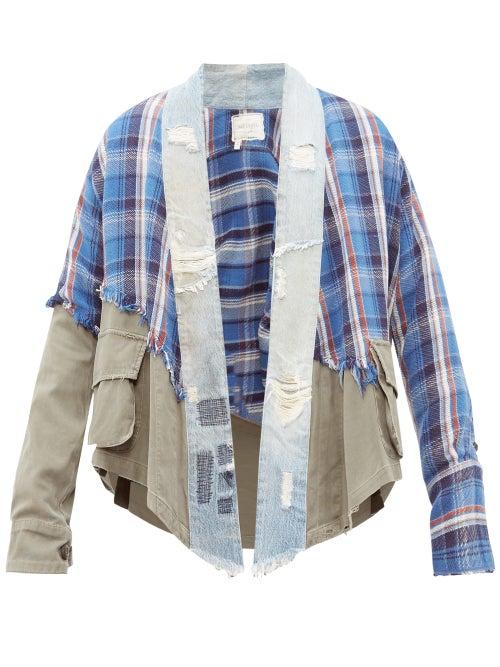 Matchesfashion.com Greg Lauren - Deconstructed Denim And Tartan Shirt - Mens - Blue Multi