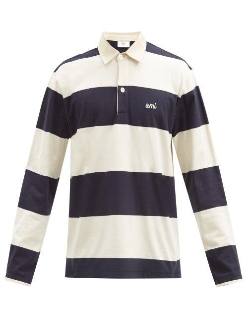 Matchesfashion.com Ami - Logo-embroidered Striped Cotton-jersey Polo Shirt - Mens - Navy White