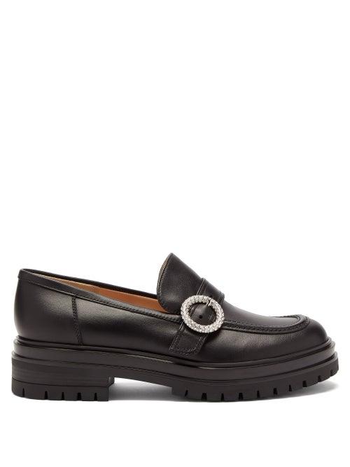 Ladies Shoes Gianvito Rossi - Crystal-buckle Leather Loafers - Womens - Black