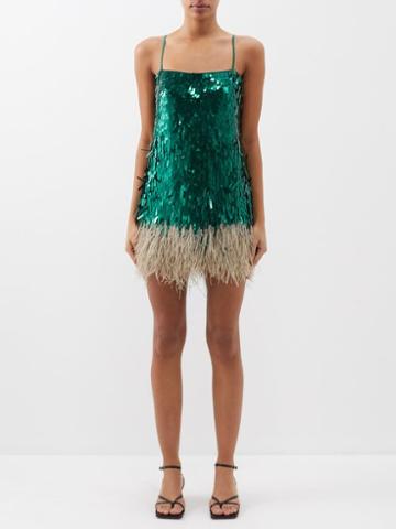 Johanna Ortiz - Royal Dancer Feather-trim Sequin Mini Dress - Womens - Green Multi
