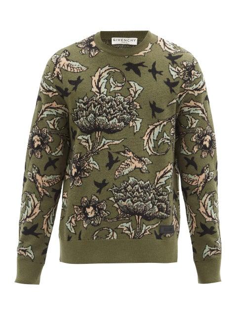 Matchesfashion.com Givenchy - Floral-jacquard Wool-blend Sweater - Mens - Khaki