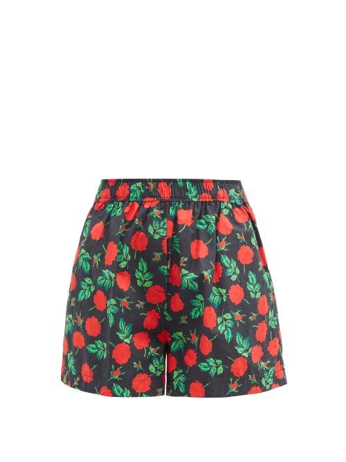 Matchesfashion.com Ganni - Rose-print Cotton Shorts - Womens - Black Multi