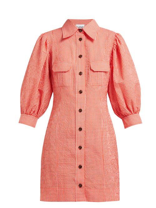 Matchesfashion.com Ganni - Gingham Puff Sleeve Seersucker Mini Shirtdress - Womens - Red White