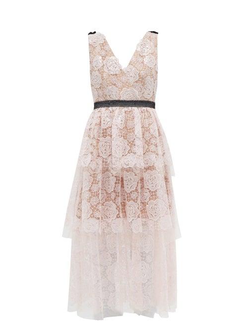 Matchesfashion.com Self-portrait - Starlet Rose Floral-embroidered Tulle Midi Dress - Womens - Light Pink