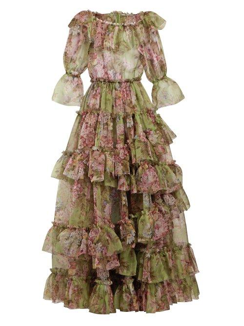 Matchesfashion.com Dolce & Gabbana - Tiered Rose Print Silk Blend Organza Gown - Womens - Green Multi